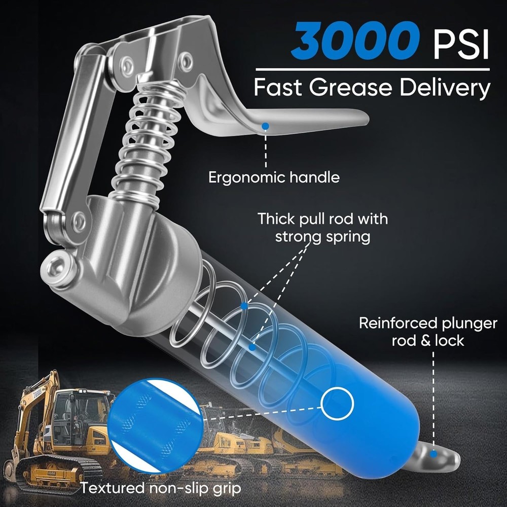 Ergonomic Mini Grease Gun 3000 PSI - Complete Kit with Adapters & Needles
