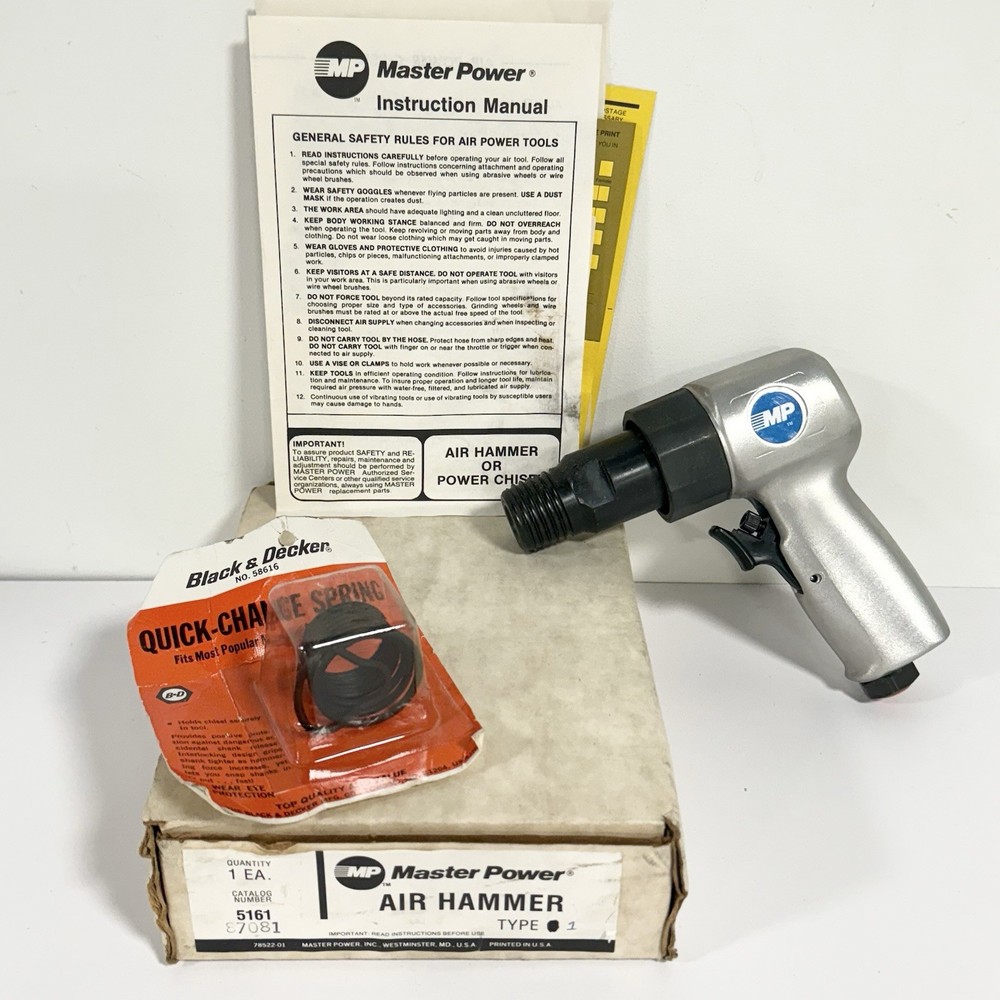 Master Power Air Hammer Chisel Pneumatic Tool W Black & Decker Spring & Box
