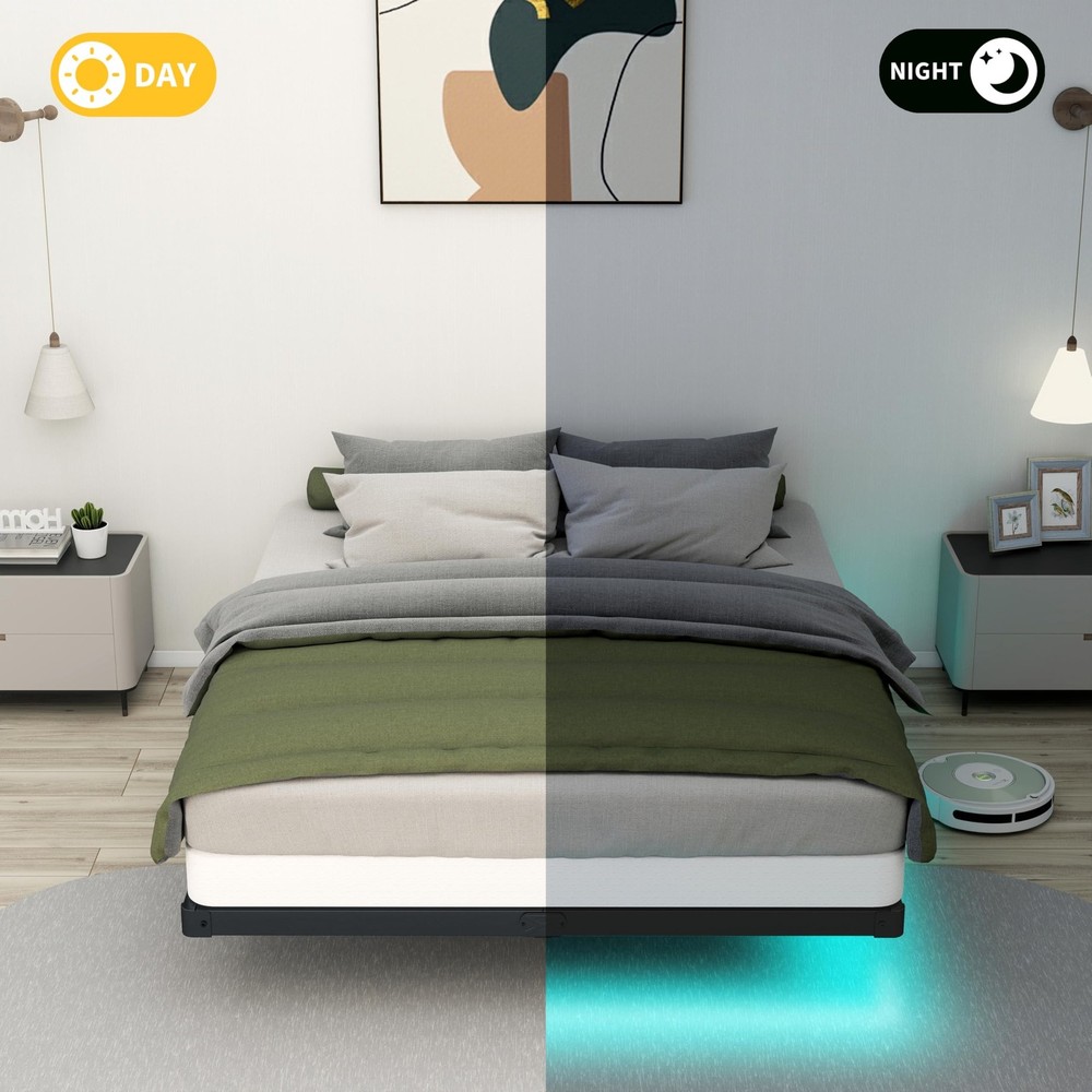 Floating Bed Frame Full LED Metal Platform Bed Frames 8 Inch Modern Bed with ...