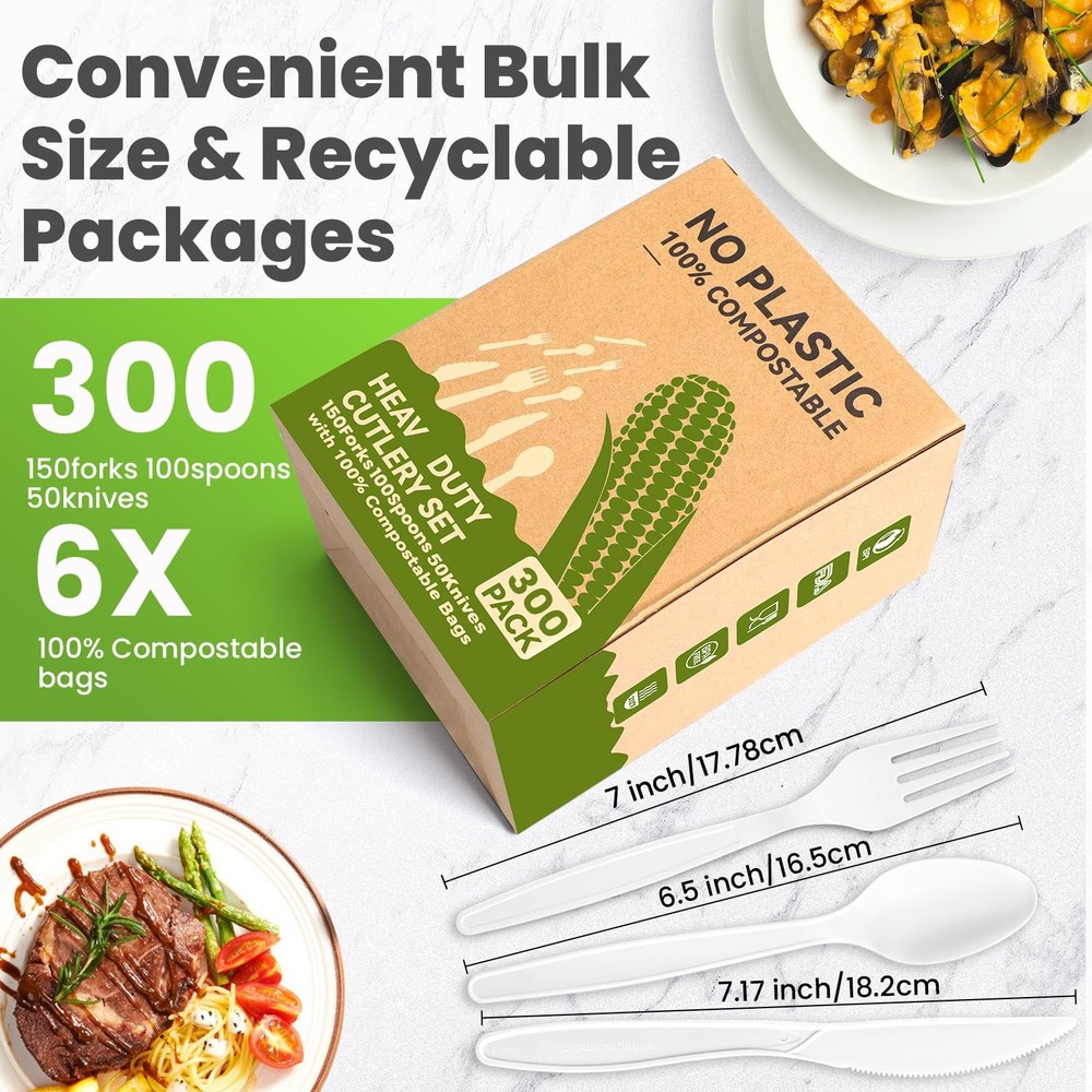 EZYLINKER Compostable Utensils Set 300Pack Utensil Set, Ivory White