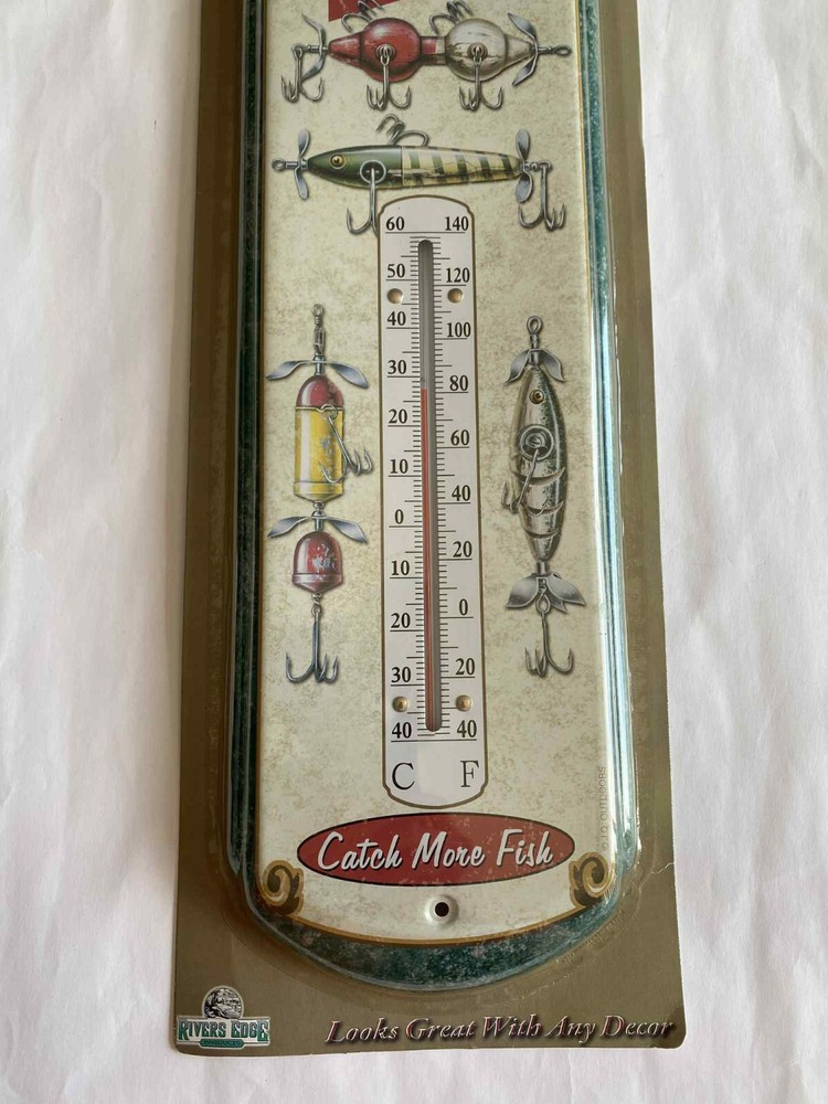 NOSTALGIC TIN THERMOMETER BEST BAIT LURES 17” LENGTH X 5” WIDTH Temperature NEW