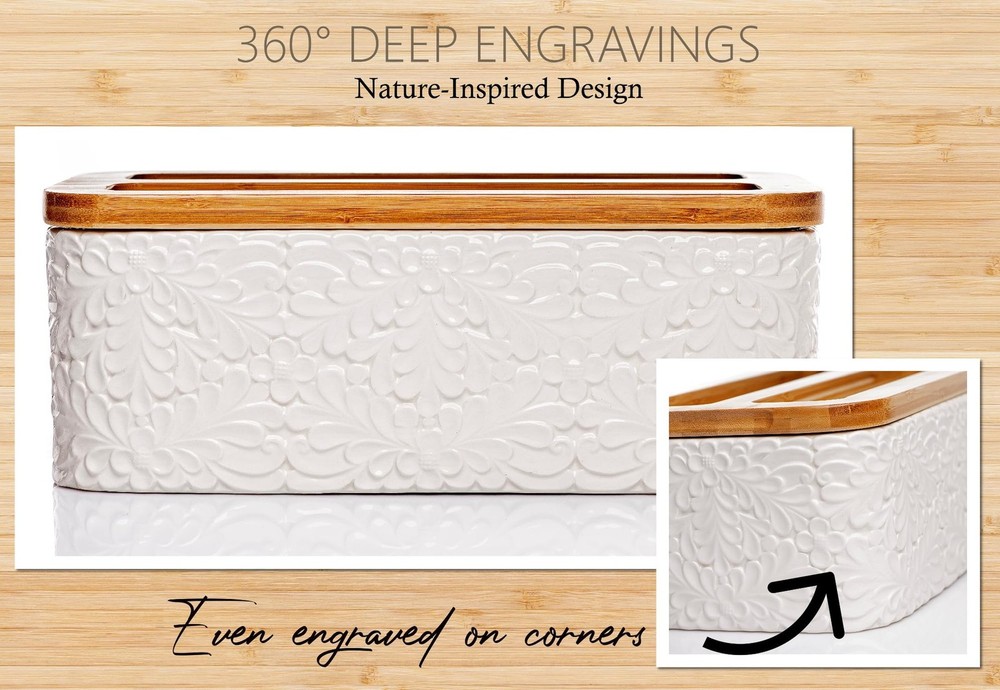 Engraved Ceramic Bread Box for Kitchen Countertop - Multipurpose Bread Storag...