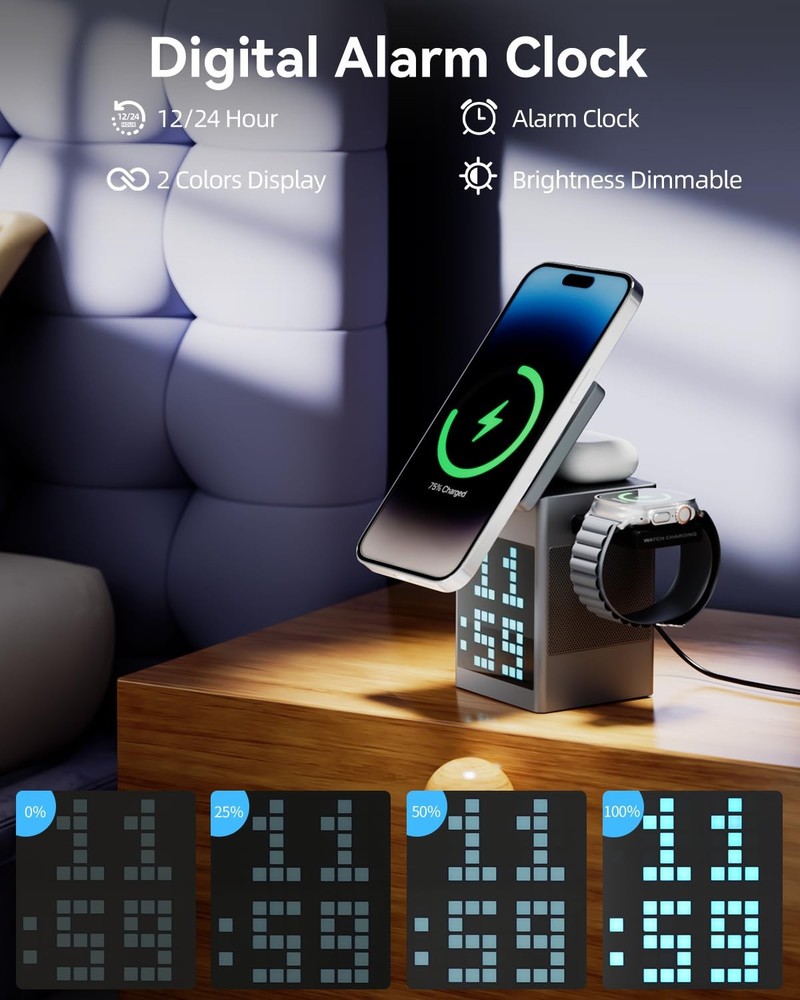 Vivilumens 3-in-1 Wireless Charging Station with Bluetooth Speaker, Grey