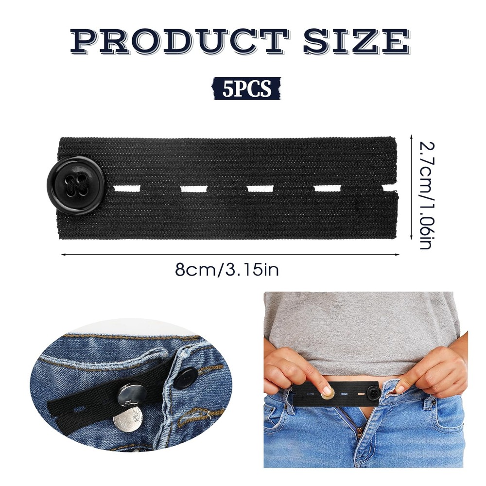 COMNICO 5pcs Waist Extender Button Elastic Comfy Adjustable One Size, Black