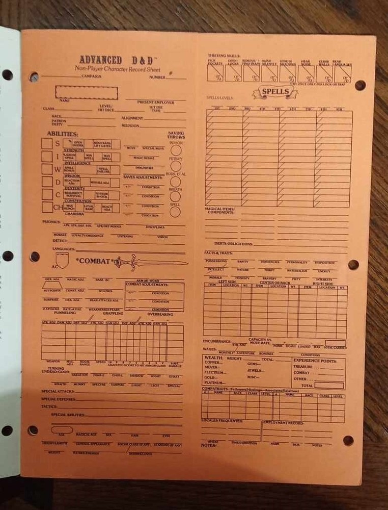 1st Edtion TSR Non-Player Character Records Booklet