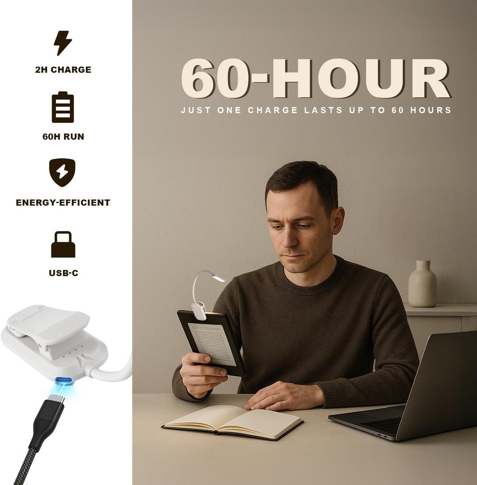 Flexible Rechargeable Book Light - Lightweight, 15-Level Dimming & Portable