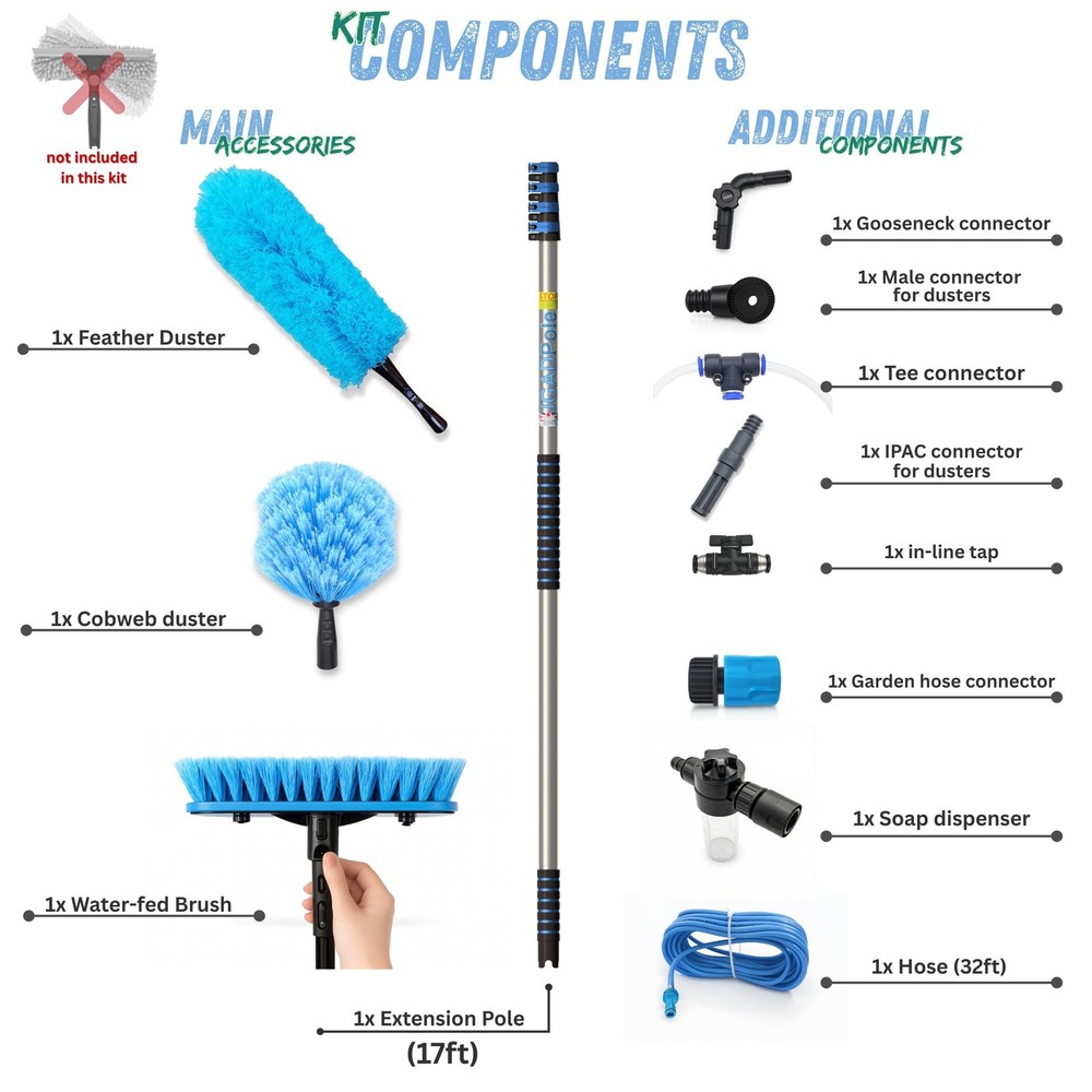 IGADPole 17 FT Water-Fed Cleaning Kit – Extendable Telescopic Pole with So