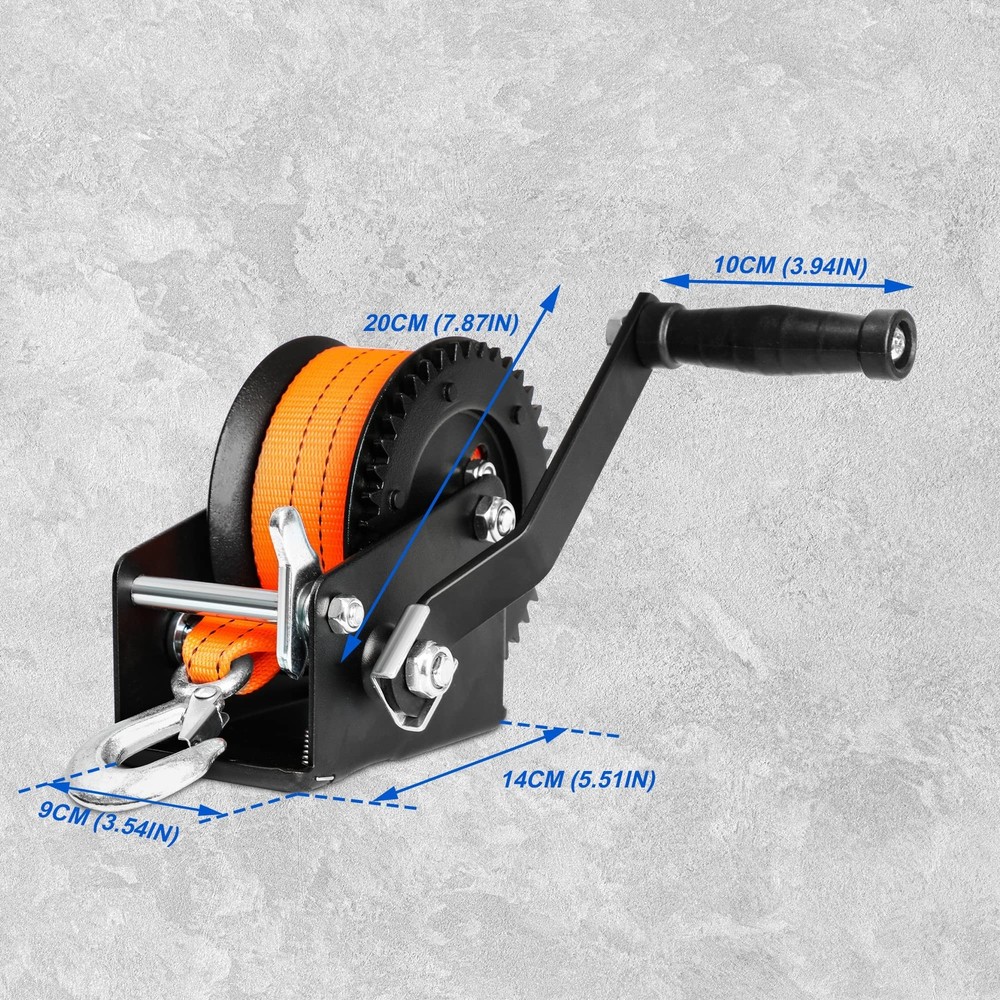 1200lbs Hand Winch Orange with 8M Strap Forward & Reverse Ratcheting Waterpro...