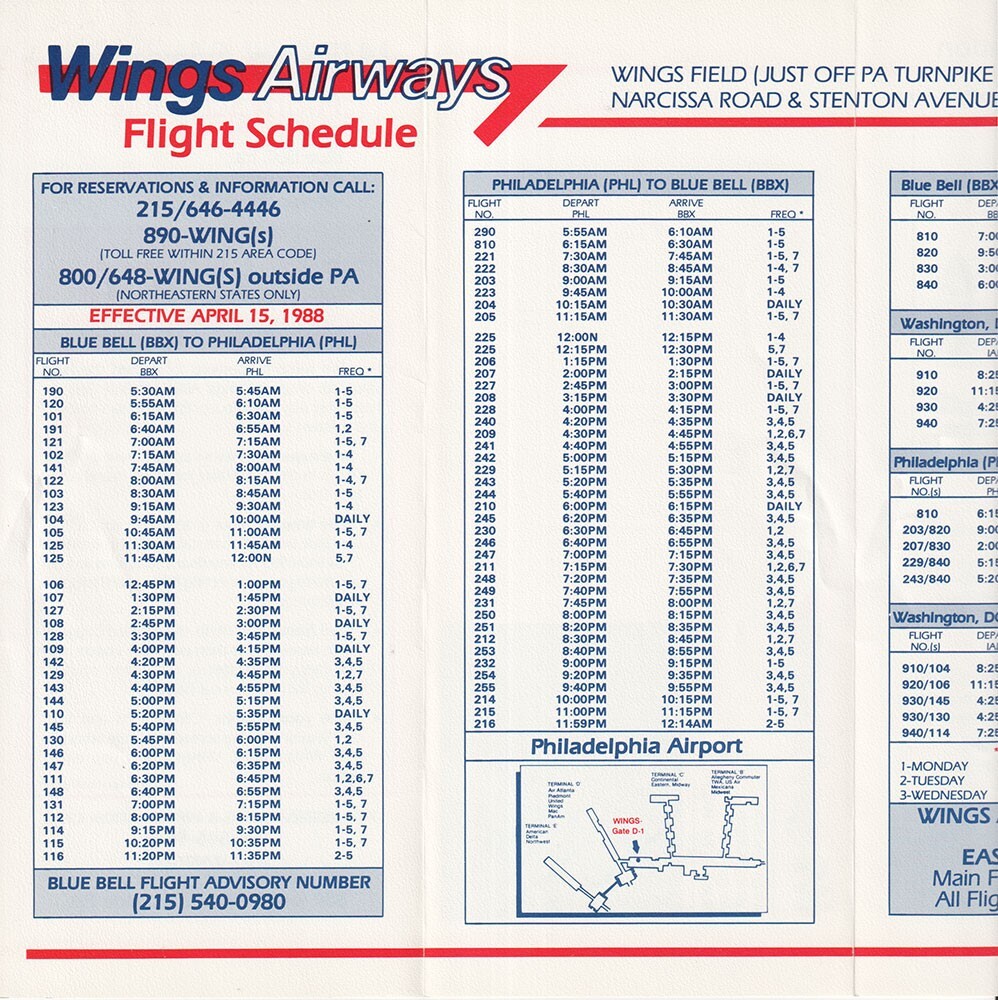 Wings Airways timetable 1988/04/15