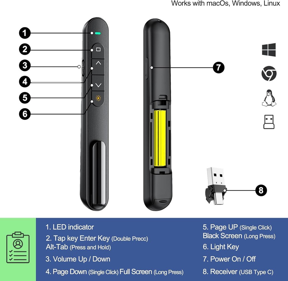 QUI Presentation Clicker for PowerPoint, RF 2.4GHz USB C Wireless Presenter Remo