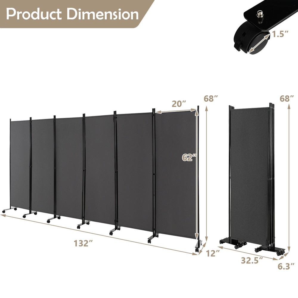 6-Panel Folding Room Divider 6' Rolling Privacy Screen w/ Lockable Wheels Grey