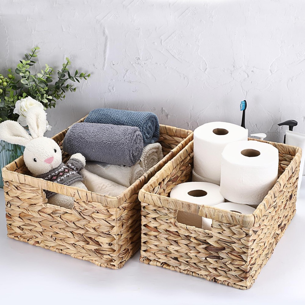 Natural Water Hyacinth Storage Basket Home Rectangular Organizer with Built-i...