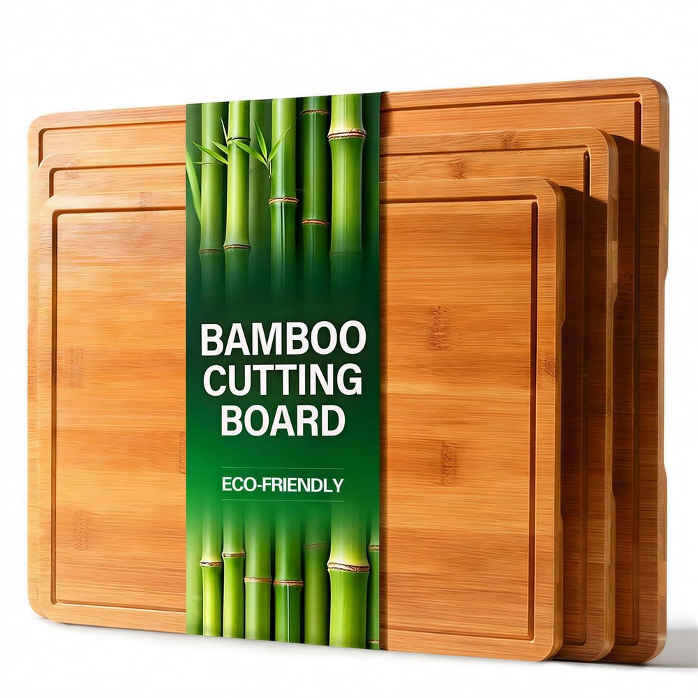 Bamboo Cutting Boards for Kitchen, Durable Wood Cutting Board with Juice Groo...