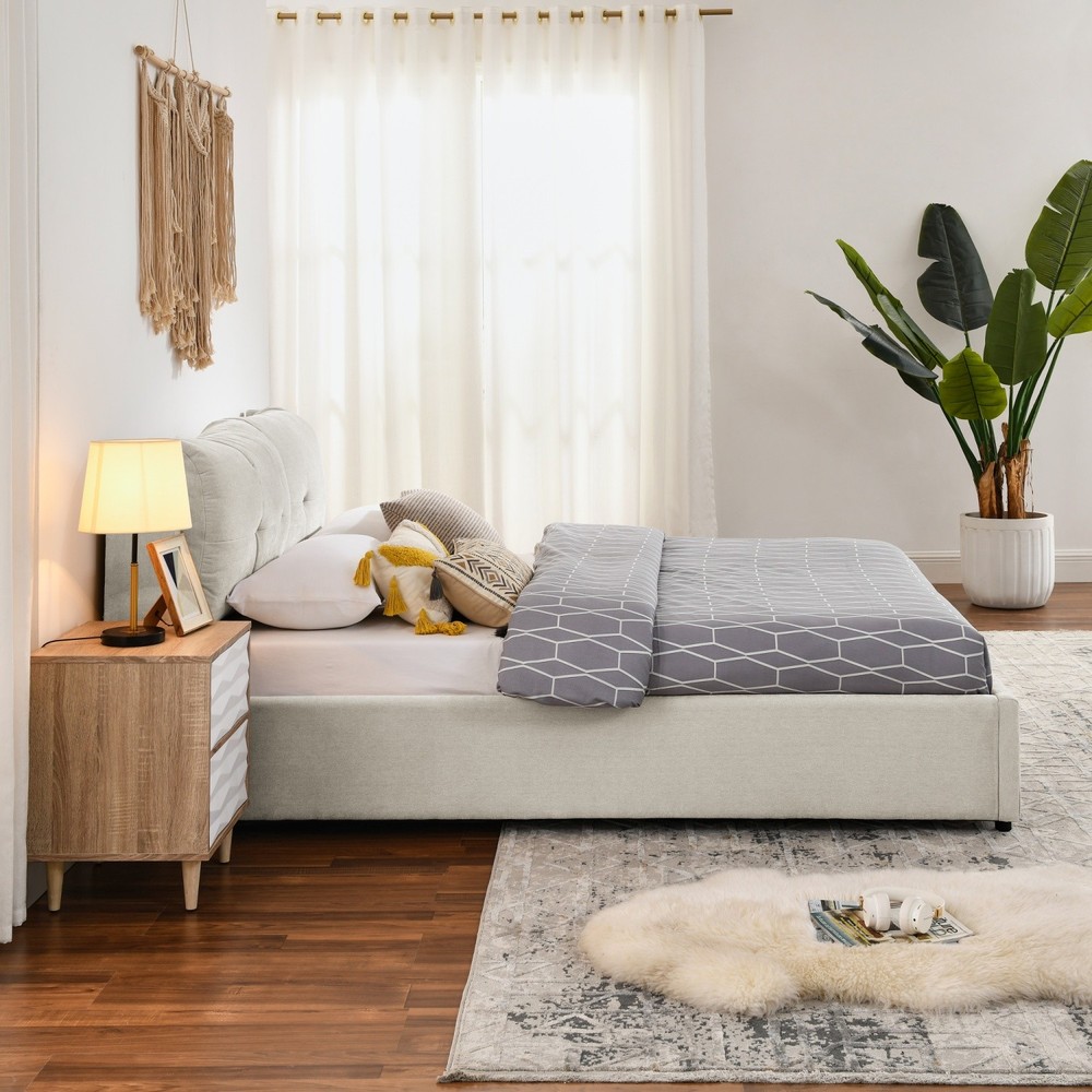 Queen Size Upholstered Platform Bed Frame with Hydraulic Storage White/Black