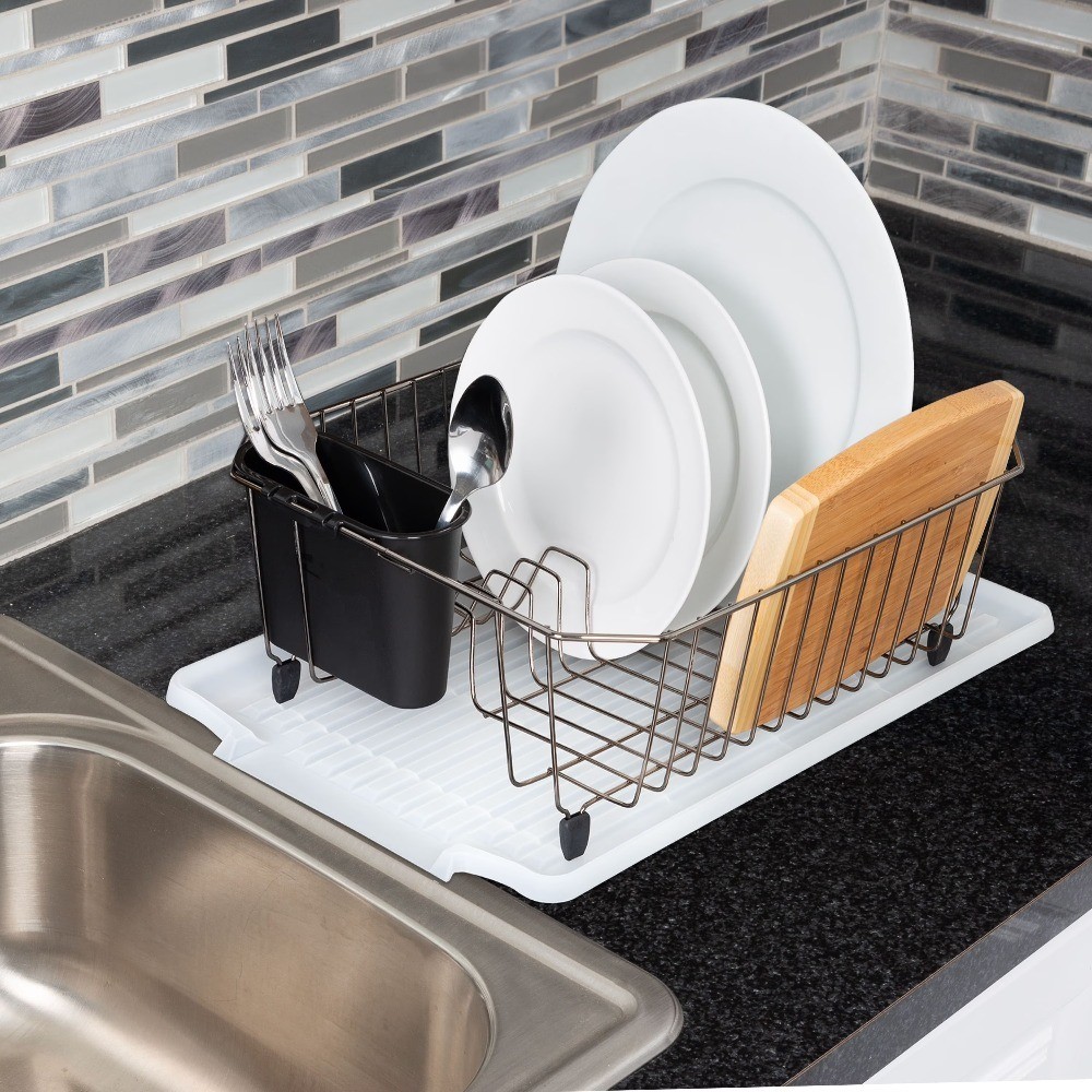 Large Clear Plastic Dish Drying Rack, Kitchen Sink Drainer Tray for Countertop