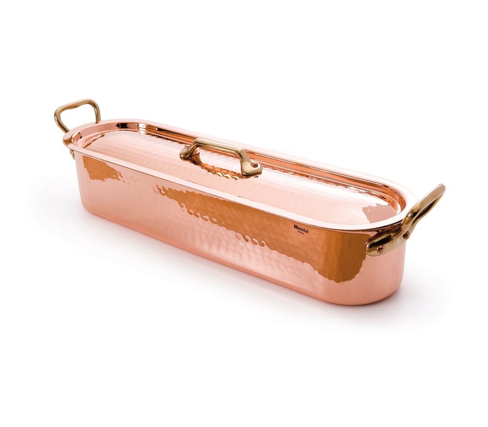 M'Tradition Hammered Copper & Tin Inside Fish Kettle With Grid, Lid & Brass H...