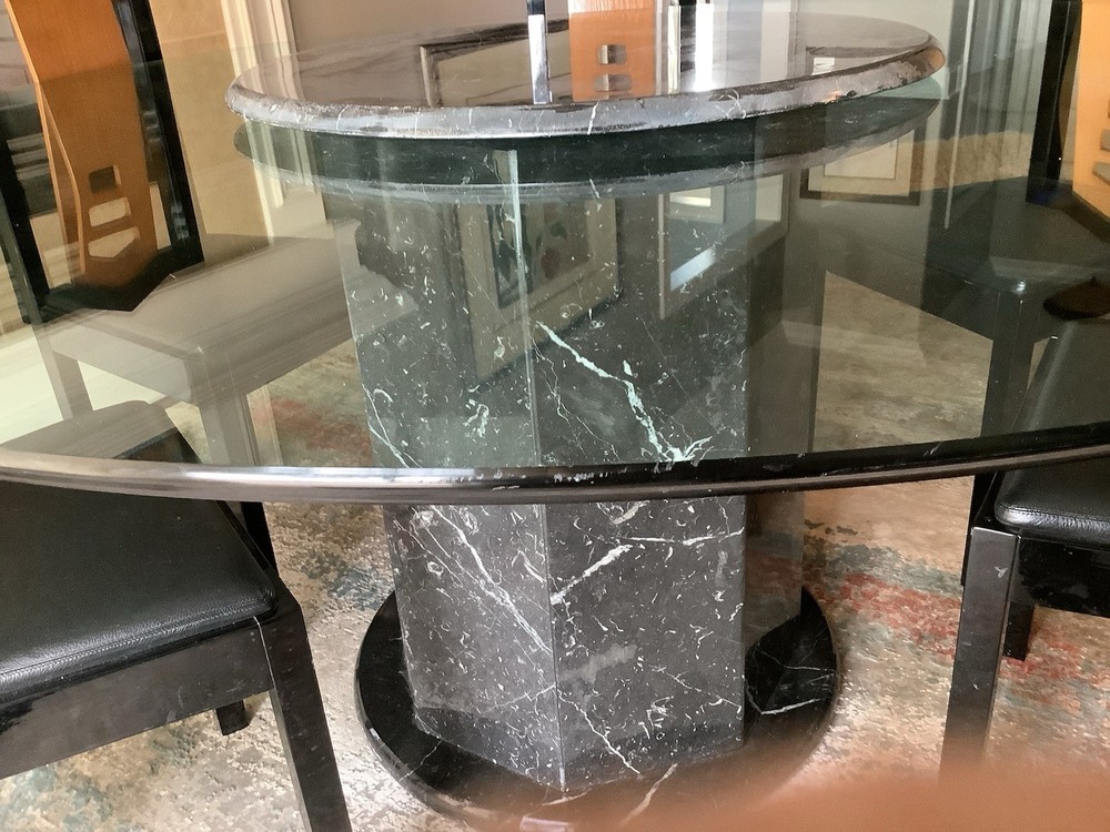 DINING ASIAN  TABLE. ROCHE BOBOIS. 6  ACRYL CHAIRS SOLID MARBLE BASE, LAZY SUSAN