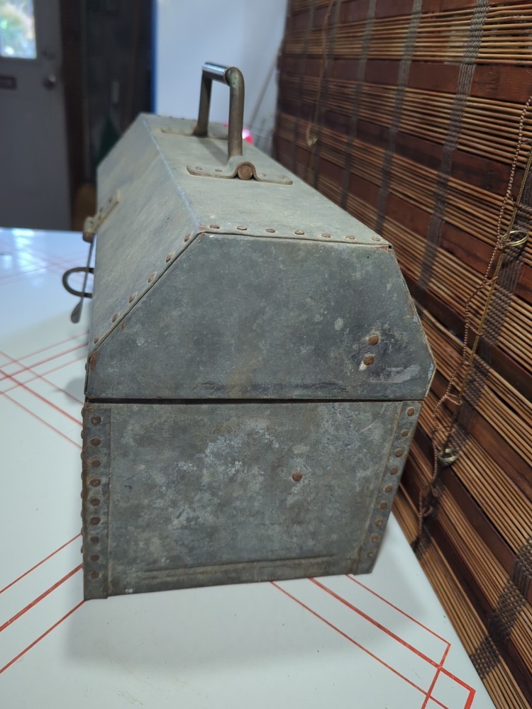 Vintage Galvanized Metal Tool Box Storage Coffin Style Large