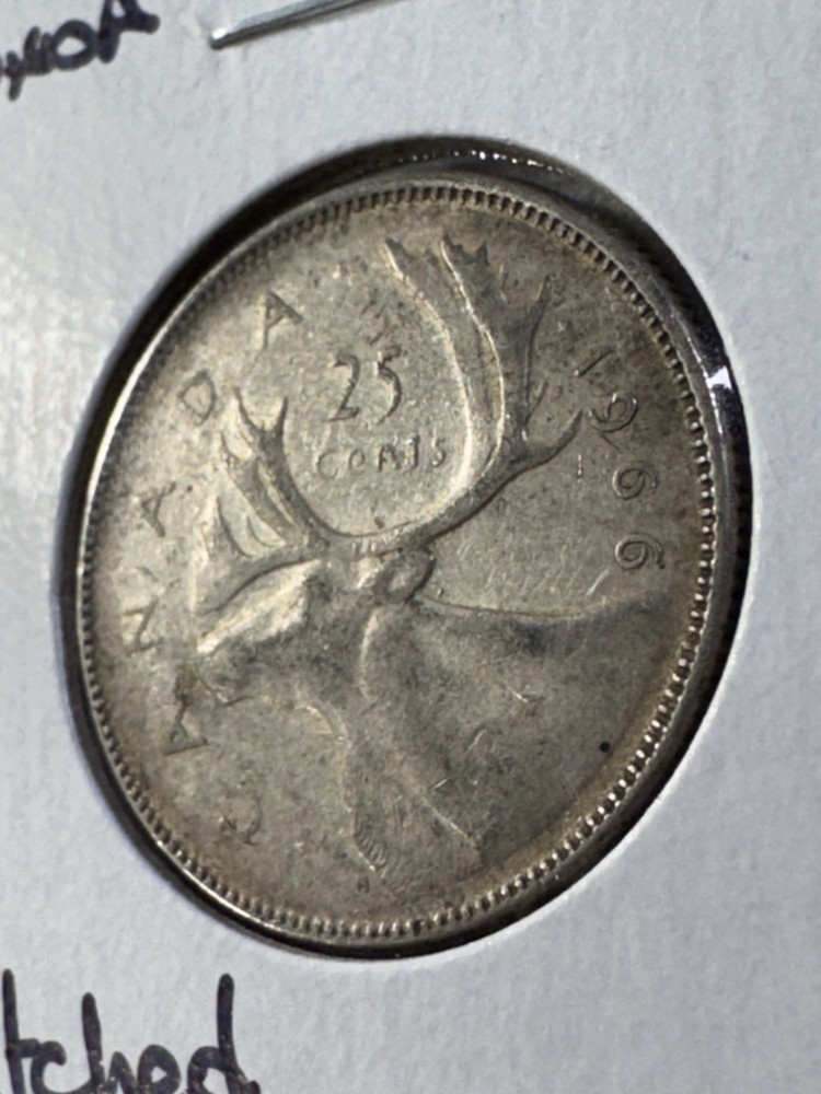 1966 Canada 25 Cents Silver Coin Scratched