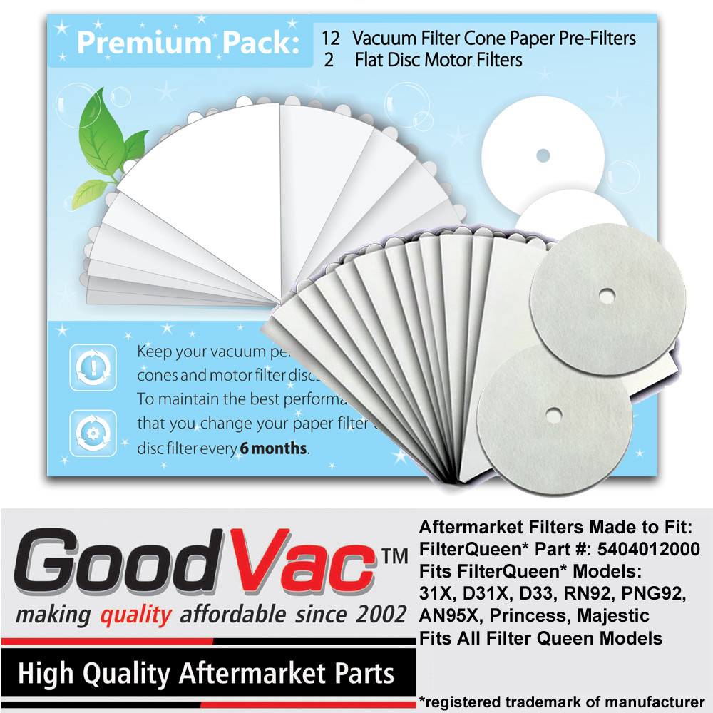 GoodVac Filter Cones For Filter Queen Vacuum 12 Pack w/ 2 Motor Disc Filter