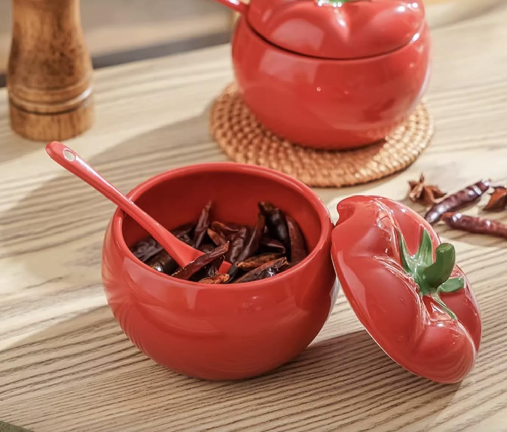 Sugar Bowl Tomato Ceramic Spice Jar Storage Jar with Spoon
