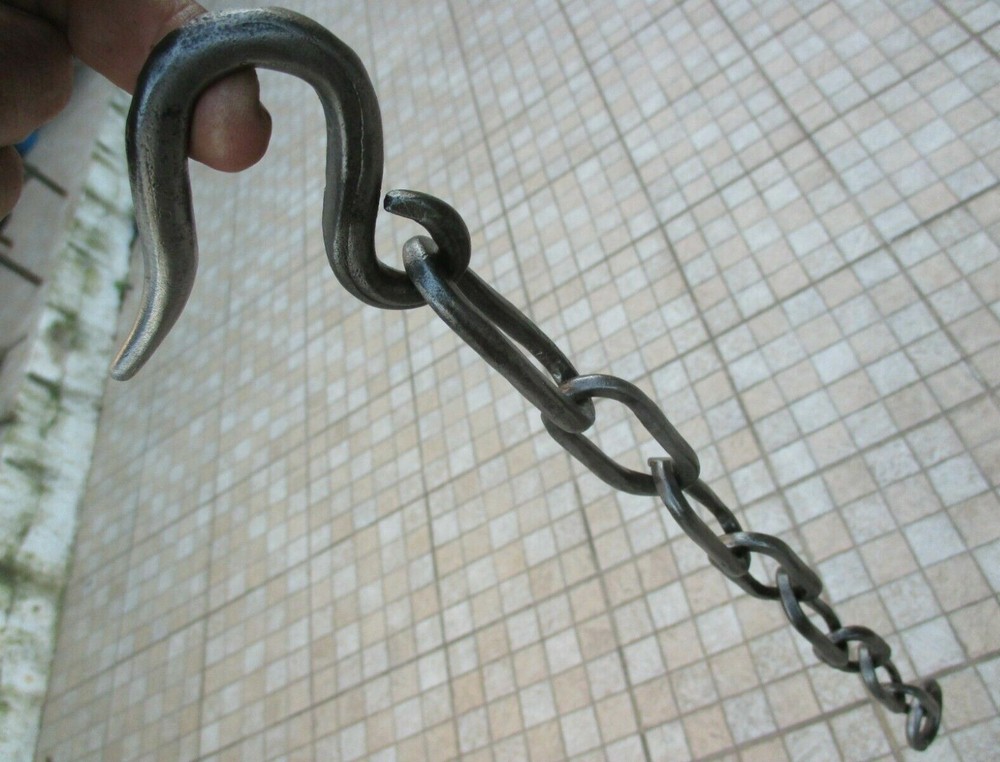 24" Antique Wrought Iron Hook Chain Hanging Old Tool Kitchen Rustic Barn Farm