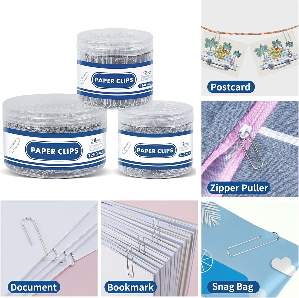 1800 Paper Clips Assorted Sizes Large, Medium and Small, Durable and Rustproof,