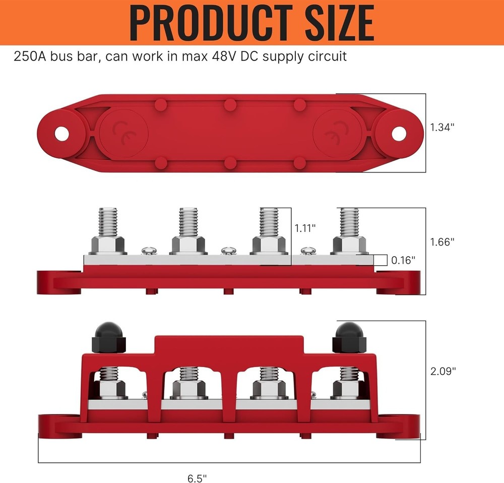 Compact 12V Power Distribution Bus Bar - 250A with Protective Cover & Nuts