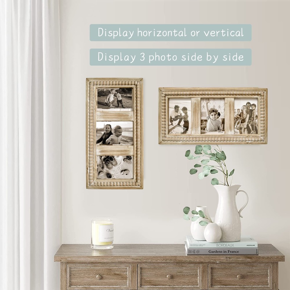 Rustic Distressed Picture Frames Collage with Decorative Beads, 3 Opening 4x6...