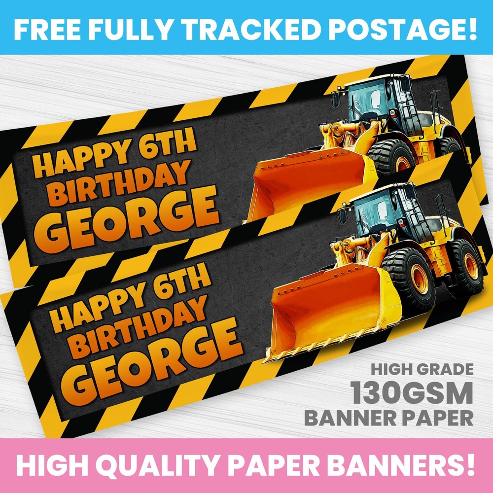 CONSTRUCTION DIGGER BANNER PERSONALISED ANY NAME PHOTO PARTY BANNERS