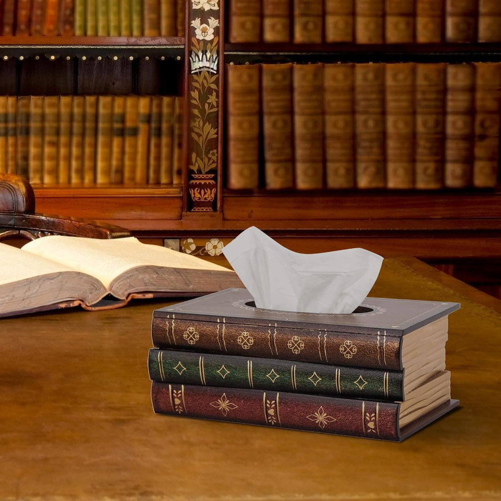 Crafted Classical Retro Wooden Antique Book Tissue Box Cover Rectangular Tissue