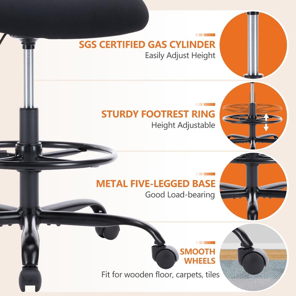 Sweetcrispy Tall Drafting Desk Chair - Ergonomic High Stool Computer with Adj...