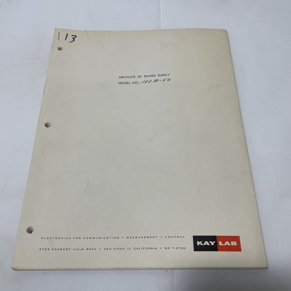 Kay Lab Model 100B-50 Absolute DC Power Supply Manual