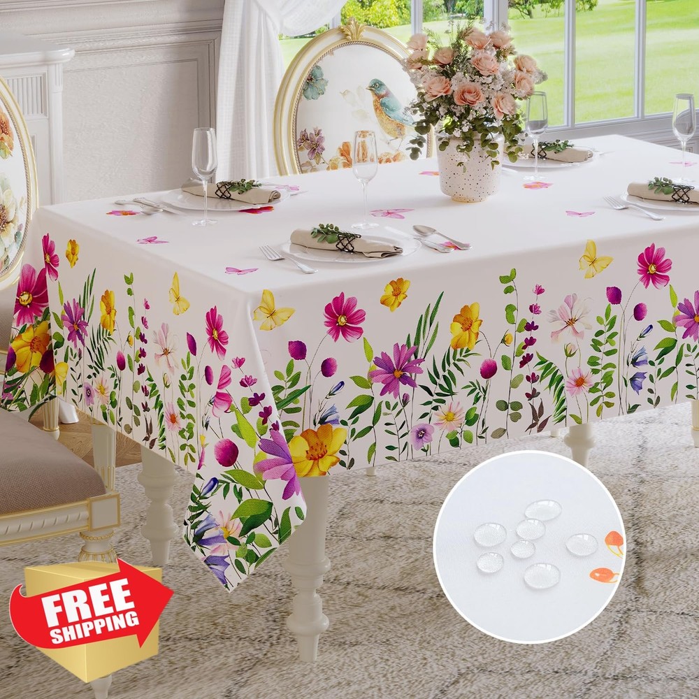 Softalker Easter Tablecloth 60x84 Rectangular Floral Waterproof Stain Resistant