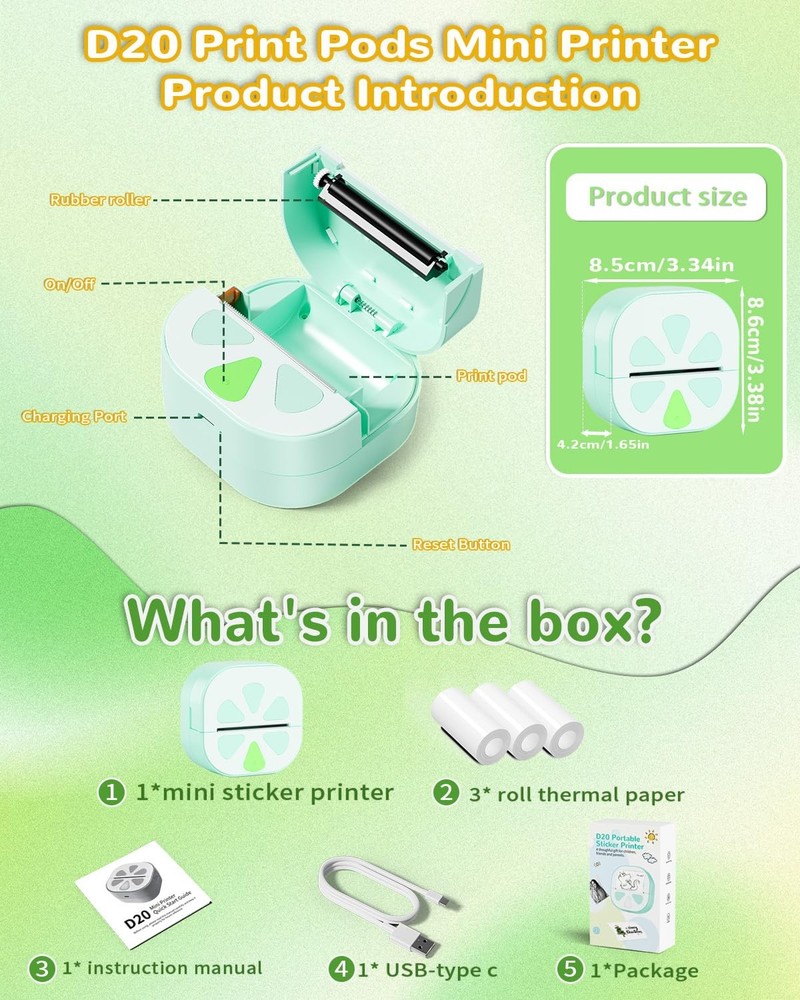 Sticker Printer, Print Pods Mini Bluetooth mini printer, Green