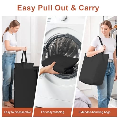 Laundry Hamper with Lid 3 Section, Large Laundry Basket with 180L Black