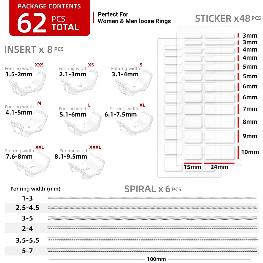 Omilly Ring Sizer Adjuster for Loose Rings - 62 Piece Set with 3 Styles...