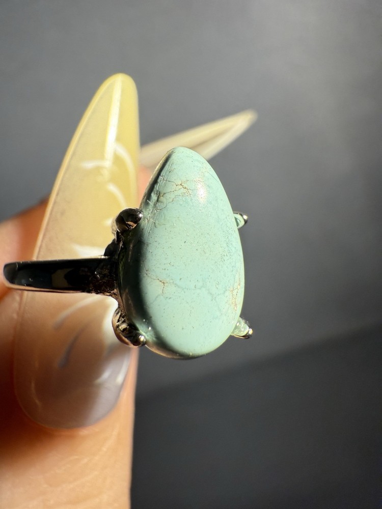 Natural Hubei Turquoise Drop Ring / Silver- plated/adjustable