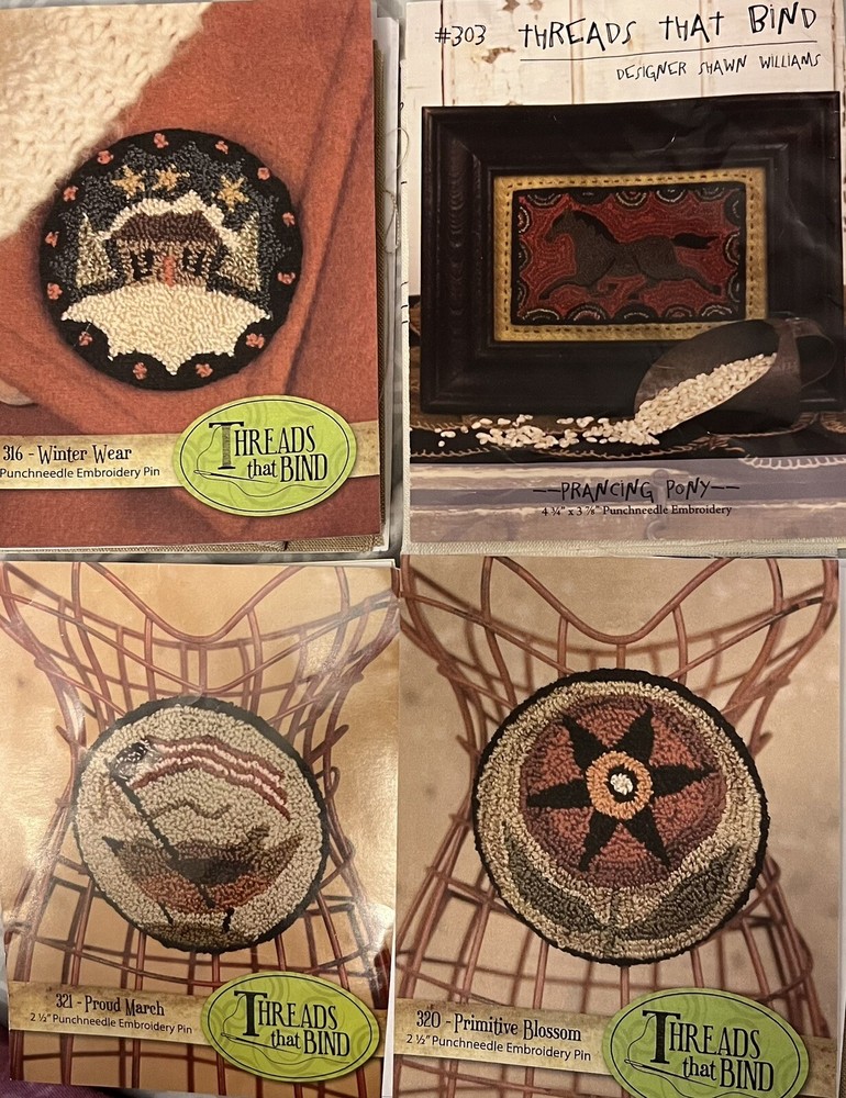 4 Mini Punch Needle Patterns with Fabric Threads That Bind