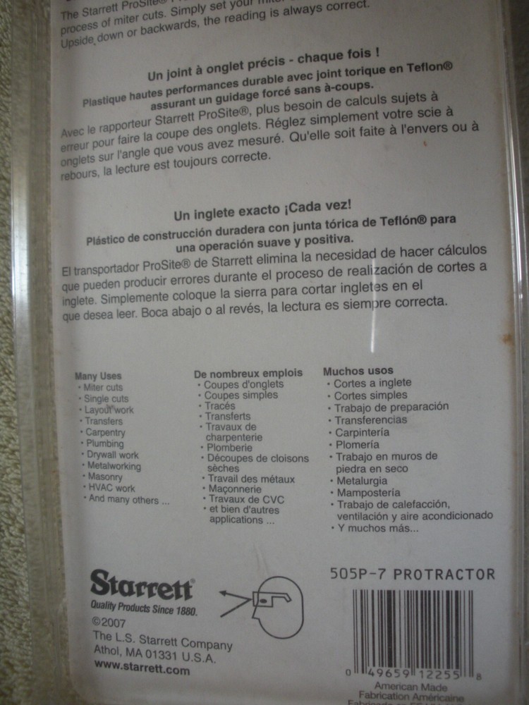 Starrett 505P-7 Dial Reading Miter Protractor, 7" Plastic