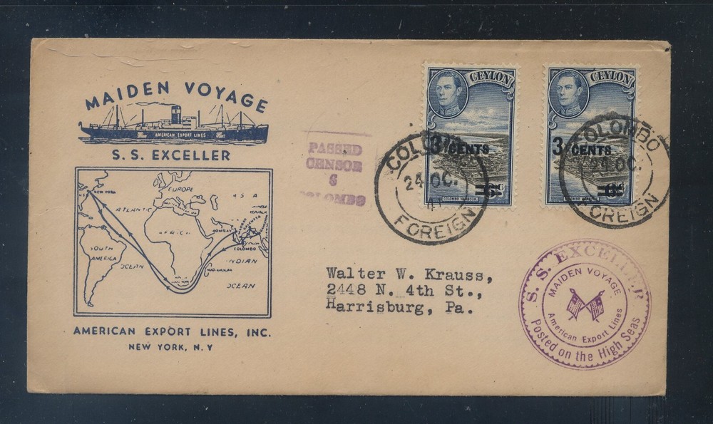 Ceylon, SS Exceller  cachet  maiden voyage cover, censor  1941