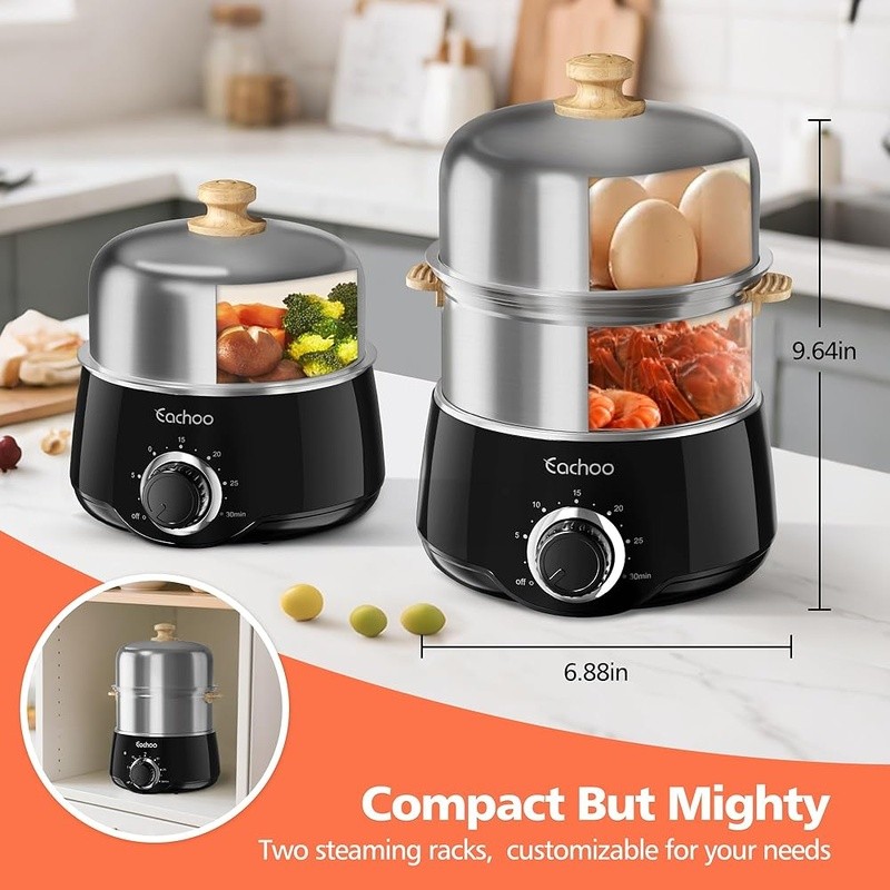 Dual Tier Egg Cooker 14 Egg Capacity Timer Automatic Shut Off Multi Use 350W