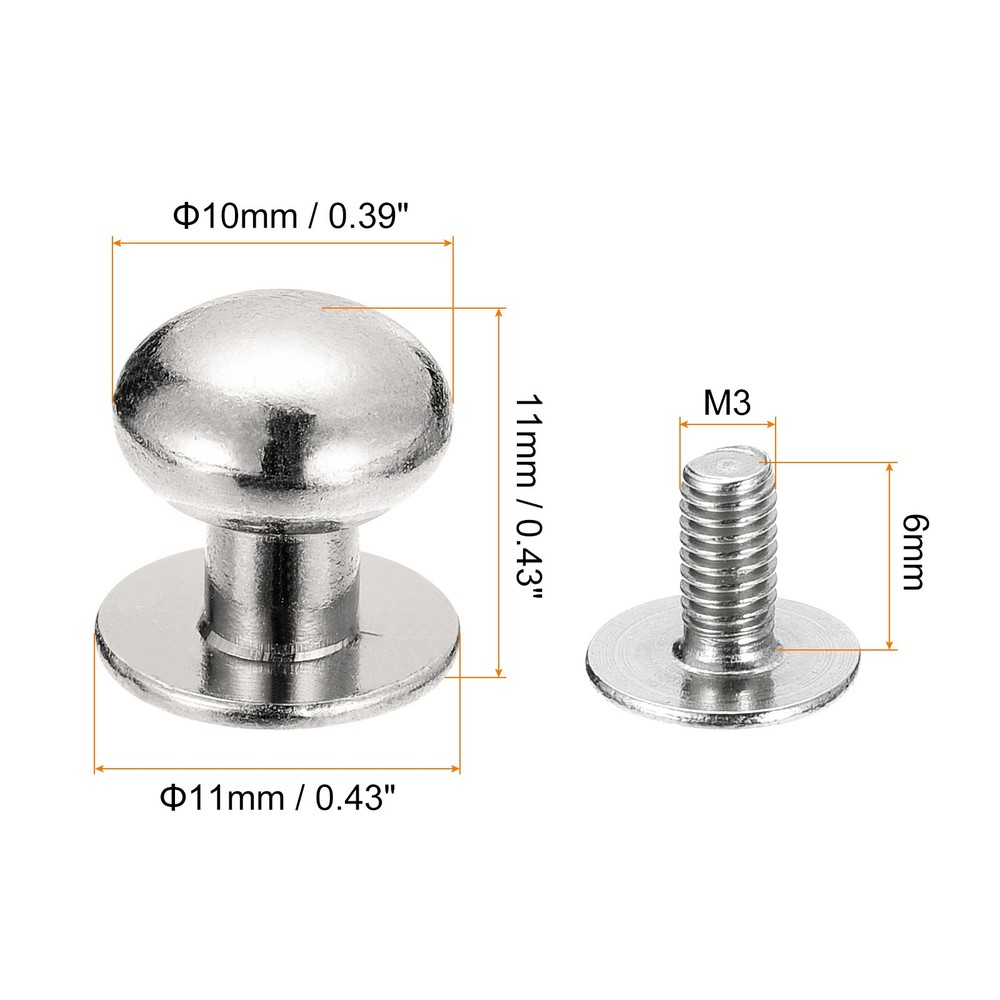 10mm Ball Head Stud Rivets Screw Back, 15Pack Round Head Button, Silver Tone