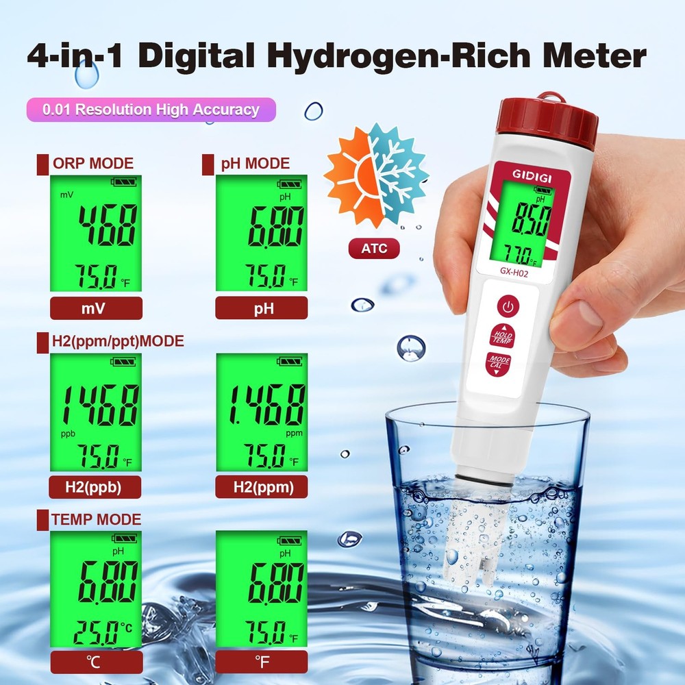 Hydrogen Water Tester, ORP Meter for Drinking Water, Digital pH Meter, Electr...