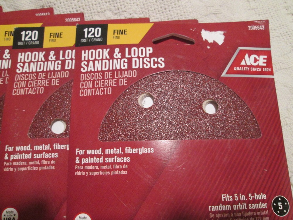 Ace 2005643 Hook & Loop 5" Sanding Discs - 120 Grit - 6 packs each with 5 pieces