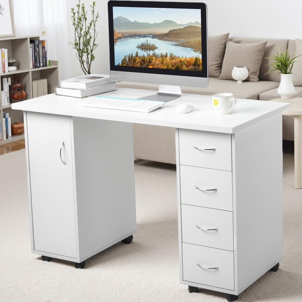 Rolling Computer Desk - White, 4-Drawer, 2 Shelves Storage & MDF ​Nail Table​
