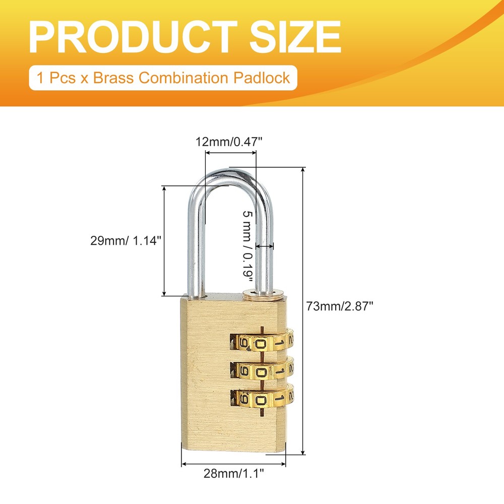 Brass Combination Lock 2.8", 3 Digit Resettable Combination Padlock Gold