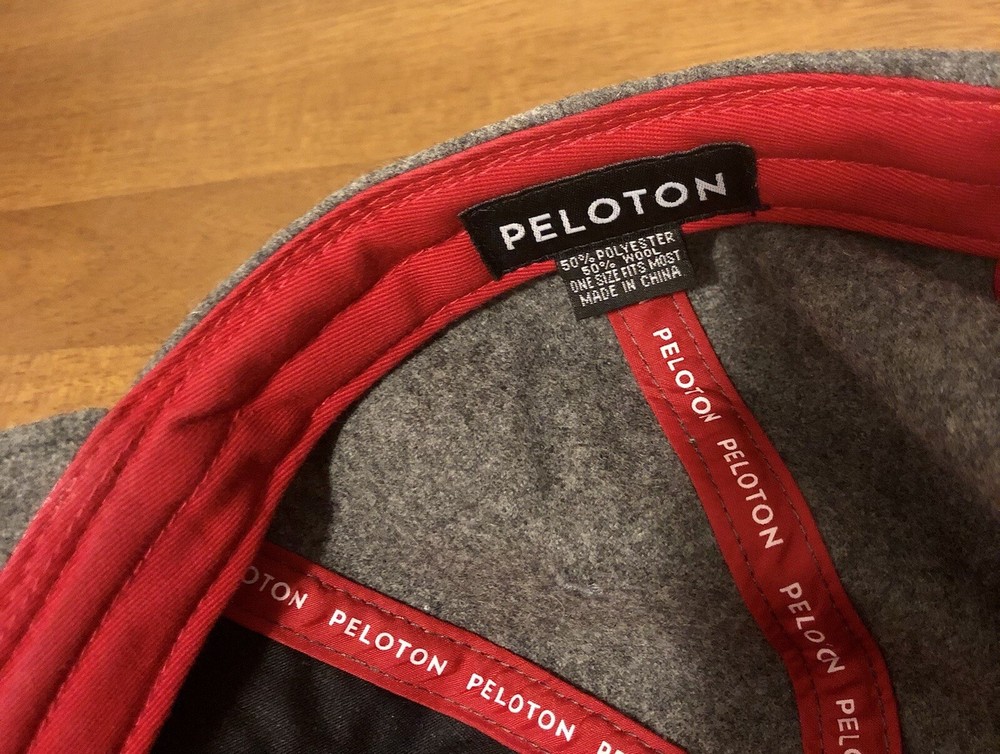Peloton Cycle Tread Wool Strapback Hat Logo Patch Gray Red Adjustable Cap EUC
