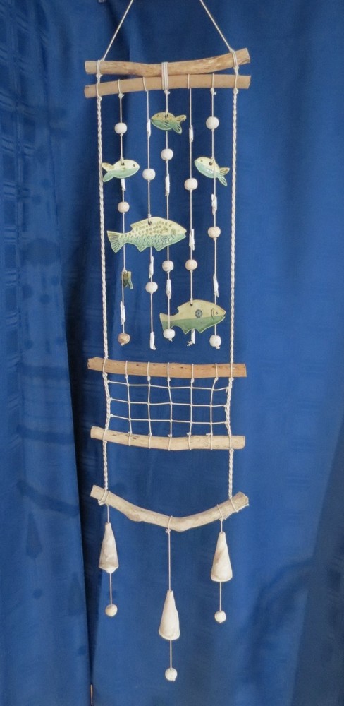 Ceramic Hanging Fish Decor Nautical Beach Wind Chime Driftwood Shells 44 “ Long!
