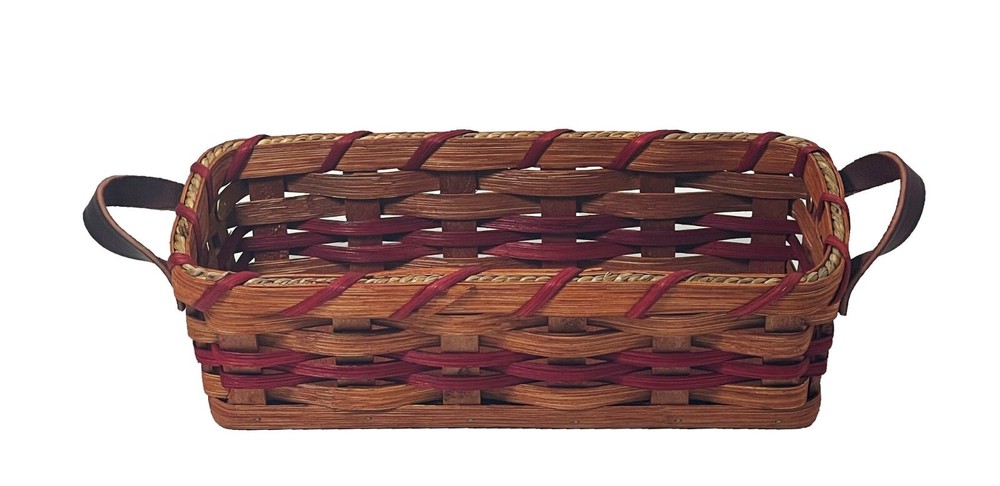 Amish Cracker Basket Server Solid Oak Handwoven With Genuine Leather Handles